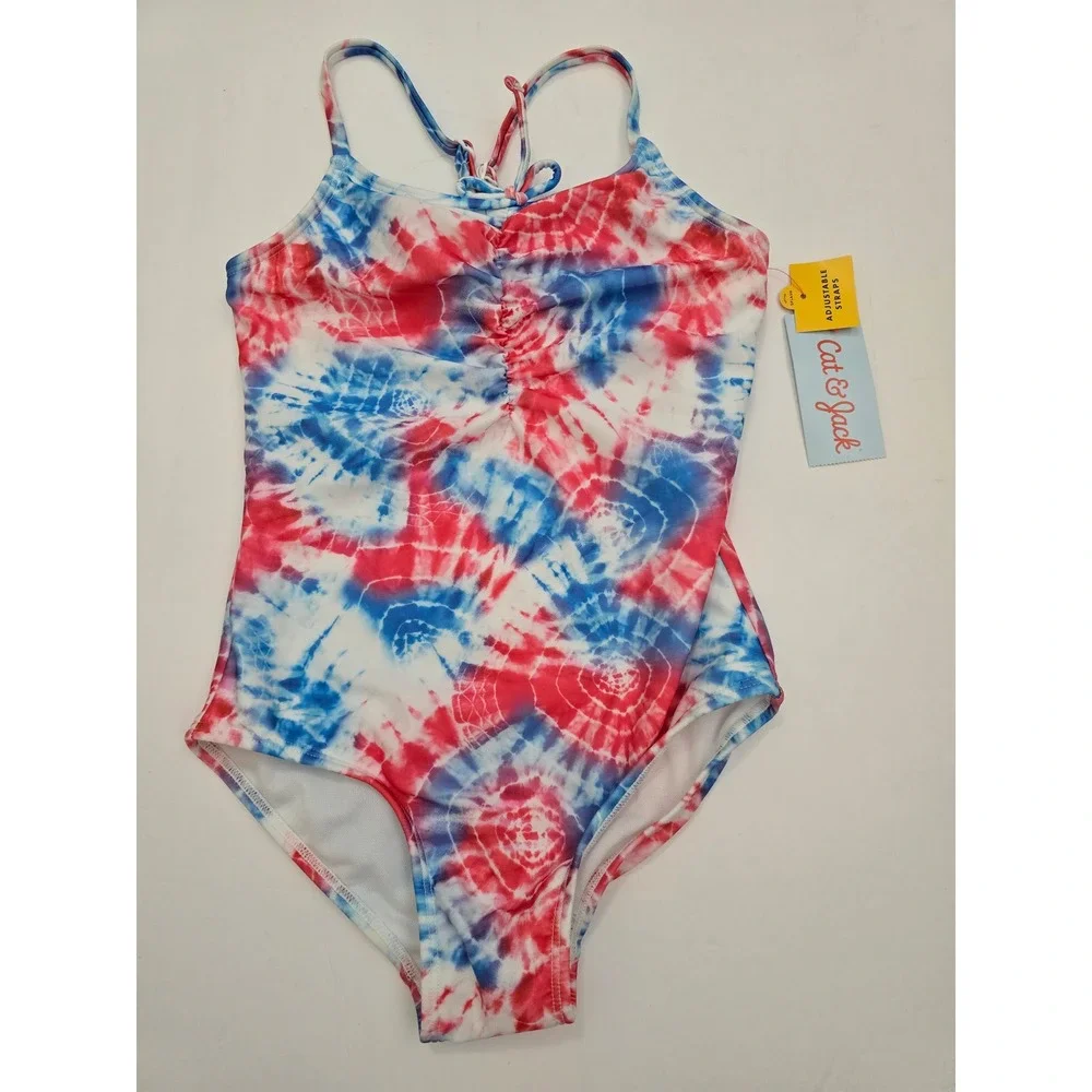Cat & Jack Girls Tie Dye One Piece Swimsuit Red White Blue Size S 6/7 NWT